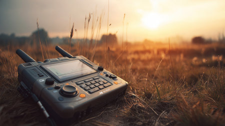A portable communication device rests on golden grass during a stunning sunset. This image captures the essence of technology blending with serene nature, perfect for adventure enthusiasts.の素材