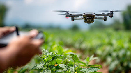 A drone hovers above a vibrant agricultural field, capturing data for crop health monitoring. The operator uses a remote control, showcasing modern farming technology.の素材