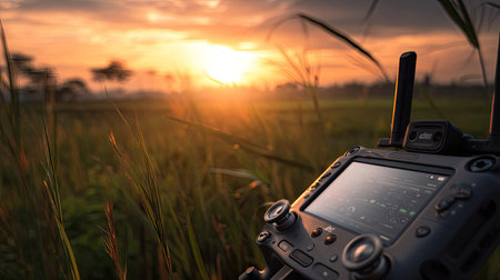 A close-up view of a camera setup in a field during sunset, surrounded by tall grass. The warm light enhances creativity and offers a serene atmosphere.の素材