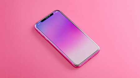 A sleek smartphone with a gradient screen effect, placed on a vibrant pink background. Ideal for showcasing modern technology concepts and digital innovation.の素材