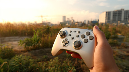 A person holds a gaming controller in front of a sunset urban landscape. The scene combines technology and nature, showcasing leisure and entertainment.の素材