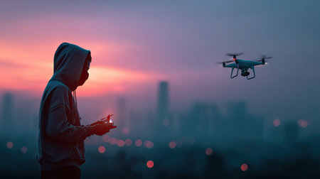 A person operates a drone at sunset, silhouetted against an urban skyline. The scene captures the blend of technology and nature, highlighting evening exploration.の素材