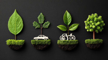Explore a creative representation of sustainable transportation options, showcasing a blend of nature elements and modern graphics for an eco-friendly lifestyle.の素材