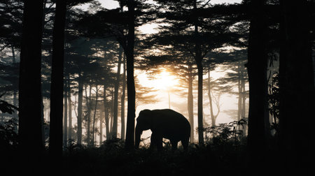 A stunning silhouette of an elephant stands gracefully in a misty forest at sunrise. The serene atmosphere creates a captivating wildlife scene that embodies nature's beauty.の素材