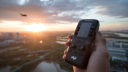A hand gripping a drone remote controller against a stunning sunset over a cityscape, showcasing the intersection of technology and nature in an adventurous setting.の素材