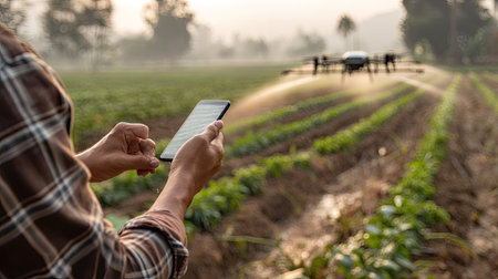 A farmer operates a smartphone to control a drone over lush green crop fields during sunrise, showcasing the blend of modern technology and traditional agriculture practices.の素材
