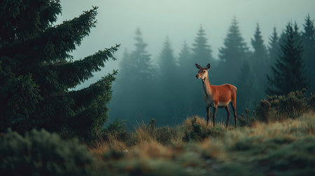 A solitary deer stands gracefully in a misty forest at dawn, surrounded by towering evergreen trees. The soft light creates an enchanting atmosphere, emphasizing the tranquility of nature.の素材