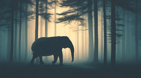 A majestic elephant navigates through a mystical forest shrouded in fog at dusk. The serene atmosphere captures the beauty of wildlife in a tranquil setting.の素材