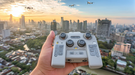 A person holds a sleek drone controller against a stunning city skyline at sunset. Multiple drones soar in the sky, showcasing technology in urban exploration.の素材
