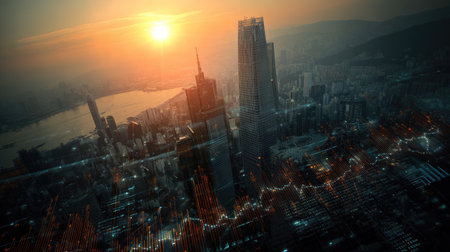 A breathtaking aerial view of a city skyline at sunset, showcasing stunning architecture and a beautiful orange sky, enhanced by a dynamic data overlay.の素材