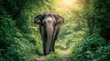 A beautiful elephant walks down a serene forest pathway, surrounded by lush green vegetation and dappled sunlight filtering through the trees, showcasing wildlife in its natural habitat.の素材