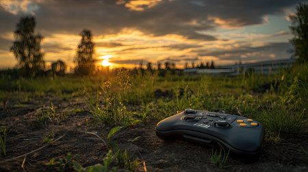 A gaming controller rests on the ground amidst grass as the sun sets, casting a warm glow. This scene captures the essence of outdoor gaming and relaxation in nature.の素材