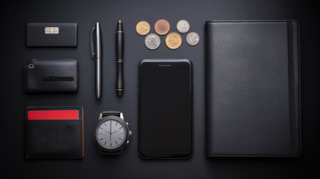 A sleek flat lay composition featuring modern accessories such as a smartphone, wallet, watch, and pens, presenting a chic and organized aesthetic suitable for lifestyle themes.の素材