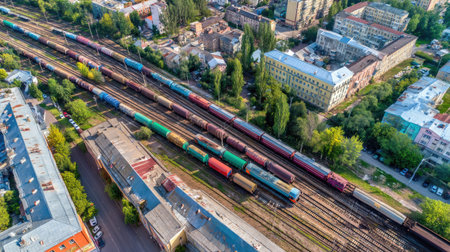 A vibrant aerial view showcasing a train yard filled with colorful freight cars, surrounded by urban buildings and greenery, exemplifying transport logistics.の素材
