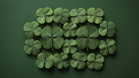 A captivating arrangement of fresh green clover leaves set against a dark green background, highlighting the beauty and simplicity of nature's design.の素材