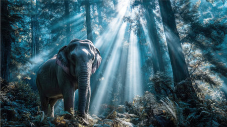 A serene scene featuring a majestic elephant standing in a misty forest, illuminated by soft sunlight breaking through the trees, embodying tranquility and beauty in nature.の素材