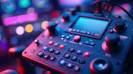 Close-up view of a high-tech audio control device in a vibrant studio setting. The colorful lights and buttons highlight the modern design and functionality of this essential equipment in sound production.の素材