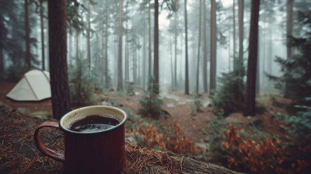 Enjoy a serene moment with coffee in a misty forest, featuring a campsite in the background that evokes relaxation and adventure amid nature's beauty.の素材