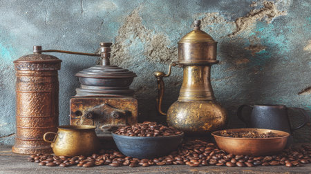 Experience the charm of vintage coffee tools and rich coffee beans arranged on a rustic surface, evoking a warm and inviting atmosphere for coffee lovers.の素材