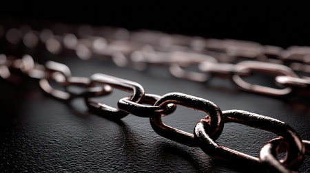 This close-up image captures a detailed view of metal chain links resting on a dark surface, showcasing the texture and reflections of the links, ideal for industrial-themed projects.の素材