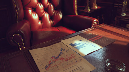 A luxurious leather chair positioned beside a polished wooden desk with scattered financial reports. The cozy ambiance invites productivity and strategy discussions.の素材