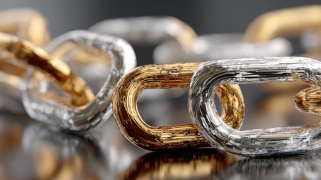 This close-up image showcases interlinked gold and silver chains, reflecting light beautifully. It highlights the texture and elegance of metals in a modern design.の素材