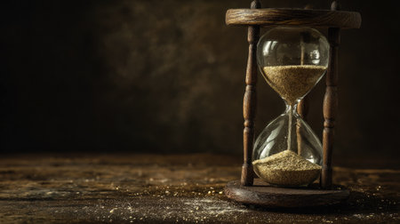 This vintage hourglass rests on a wooden table, capturing the essence of time passing. Its elegant design enhances any decor with a rustic touch and historical elegance.の素材