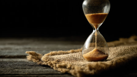 An elegant hourglass filled with golden sand rests on a rustic wooden table. The dark background enhances the serene atmosphere and timeless beauty.の素材