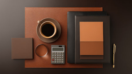 A modern workspace featuring a cup of coffee, a calculator, leather notepads, and color samples creates a warm and inviting atmosphere for productivity.の素材
