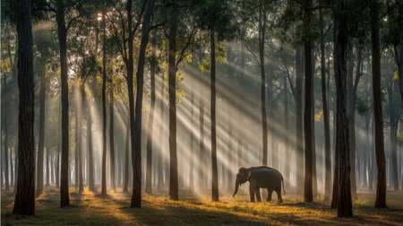 A solitary elephant roams through a tranquil forest, bathed in soft sunlight rays filtering through the trees, creating a serene and picturesque scene.の素材