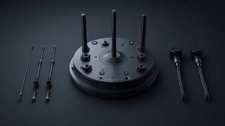 A sleek arrangement of modern wireless audio equipment displayed on a dark background, showcasing various components and design elements ideal for professional applications.の素材