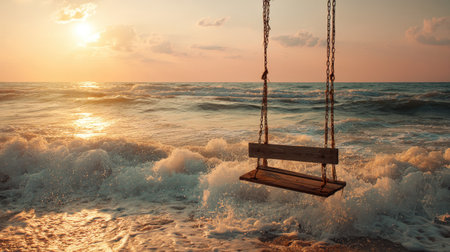 A beautiful sunset over the ocean features a wooden swing above gentle waves, creating a serene and tranquil atmosphere perfect for relaxation and escape.の素材