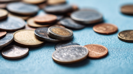 A detailed close-up image showcasing a variety of mixed coins arranged on a soft blue surface. This collection of currency elements symbolizes finance and money management themes.の素材