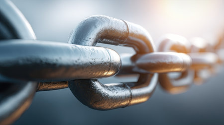 A detailed close-up of metal chain links showcases strength and security. The shiny surface and treble reflections create an industrial feel, ideal for various projects.の素材