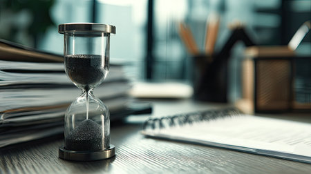 A close-up view of an hourglass on a desk, symbolizing time management and productivity in a busy office environment. Papers and stationery items complement the scene.の素材