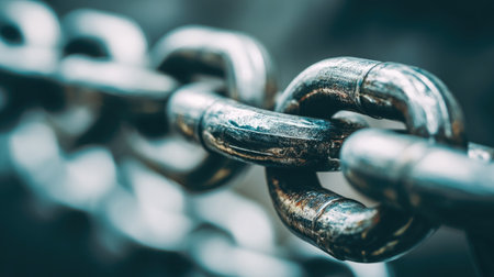 A close-up image showcasing silver chain links with intricate details. The texture and shine emphasize strength and durability, ideal for industrial themes.の素材