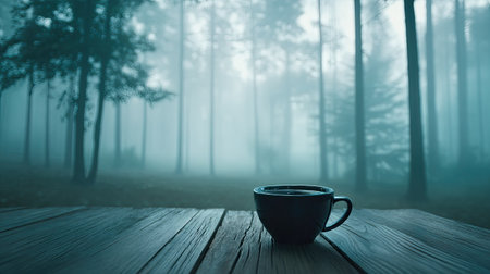 A serene scene featuring a black mug of coffee resting on a rustic wooden table, surrounded by a misty forest. The atmosphere evokes calmness and tranquility.の素材