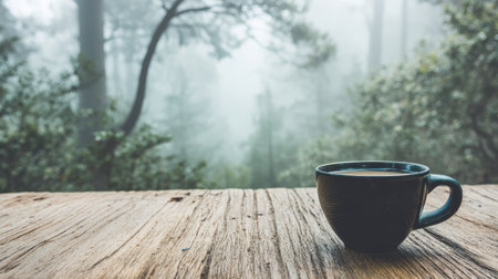 Enjoy a peaceful morning with a steaming cup of coffee in a misty forest. This serene scene captures the beauty of nature and offers a tranquil escape.の素材