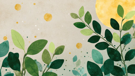 This abstract illustration features vibrant green leaves and soft sunlight, creating a serene and calming atmosphere perfect for nature-inspired designs.の素材