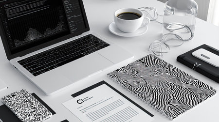 A stylish modern workspace featuring a laptop, notebook, coffee cup, and various documents. Perfect for showcasing productivity and design.の素材