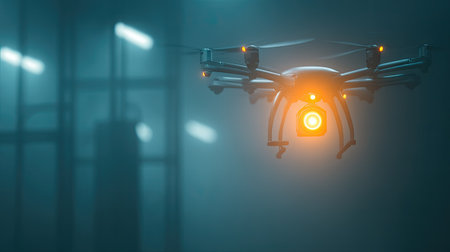 A high-tech drone with a glowing camera shines in a foggy environment, showcasing modern technology and innovation in aerial photography and exploration.の素材