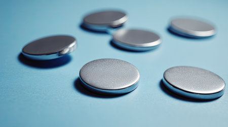 Close-up view of six shiny metallic coins arranged on a light blue background, showcasing their sleek surface and subtle textures, ideal for finance-related themes.の素材