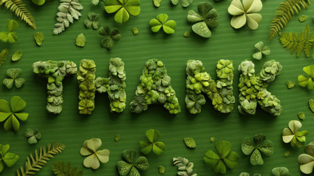 A vibrant display of green leaves artistsically arranged to spell "THANK," symbolizing gratitude and appreciation in a natural setting. Perfect for eco-friendly themes.の素材