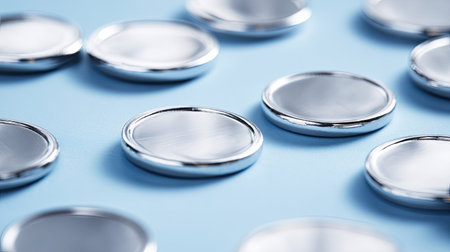 Close-up view of reflective round metallic discs arranged on a soft blue surface. The image showcases sleek design and modern aesthetics, ideal for various creative projects.の素材