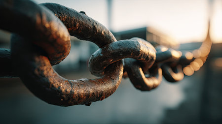 Close-up view of a rusty metal chain, showcasing intricate textures and patterns. The blurred background enhances the industrial aesthetic, evoking strength and durability.の素材