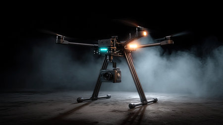 A futuristic drone equipped with a high-resolution camera stands in a dark environment, enhanced by smoke effects and atmospheric lighting. Perfect for technology themes.の素材