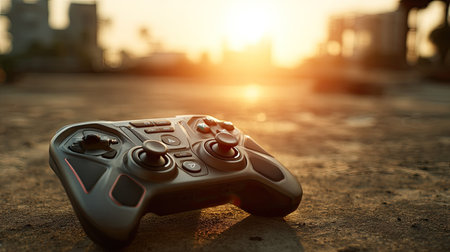 A close-up view of a game controller rests on the ground, illuminated by the warm glow of a sunset, showcasing a blend of technology and leisure. Perfect for gaming enthusiasts.の素材