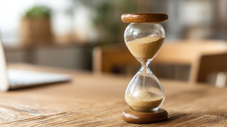 This image features an empty hourglass placed on a wooden table, evoking themes of time, patience, and mindfulness in a serene workspace setting.の素材