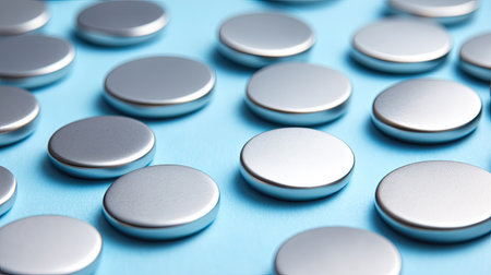 A collection of smooth, shiny metal buttons arranged on a light blue background, highlighting their reflective surfaces and minimalistic design, perfect for creative projects.の素材