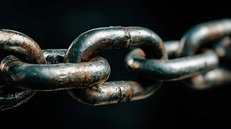 This close-up image captures the intricate details of a rusty metal chain link, showcasing its texture and strength against a dark background. Perfect for industrial themes.の素材